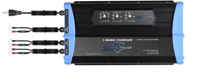 PowerHouse Lithium 12V-(12V-16V)-(24V-36V)WP 3-Bank Waterproof Battery Charger